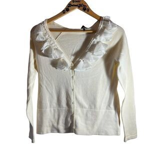 Daisey Fuentes White Sheer Ruffle White Button Down Cardigan Small NWT